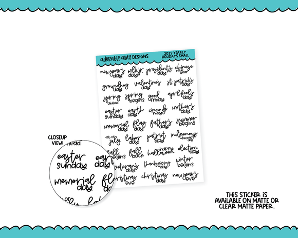 2023 Script Small Yearly Holidays Reminder Tracker Stickers for any Planner or Insert