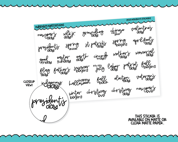 2023 Script Large Yearly Holidays Reminder Tracker Stickers for any Planner or Insert