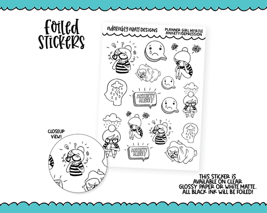 Foiled Doodled Planner Girls Anxiety Depression Decoration Planner Stickers for any Planner or Insert