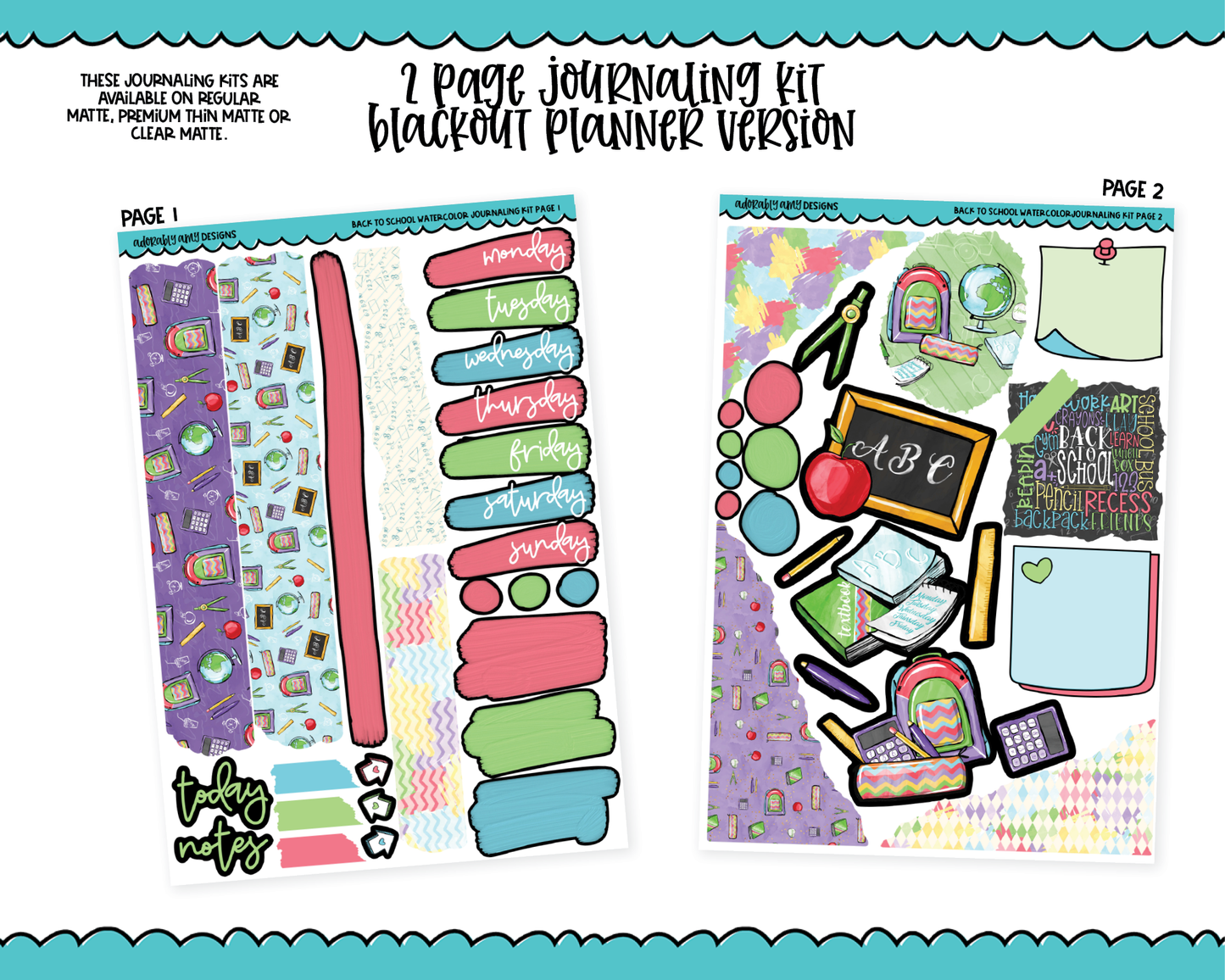 Journaling Kit Back to School Watercolor Planner Sticker Kit in White OR Black for Blackout Planners