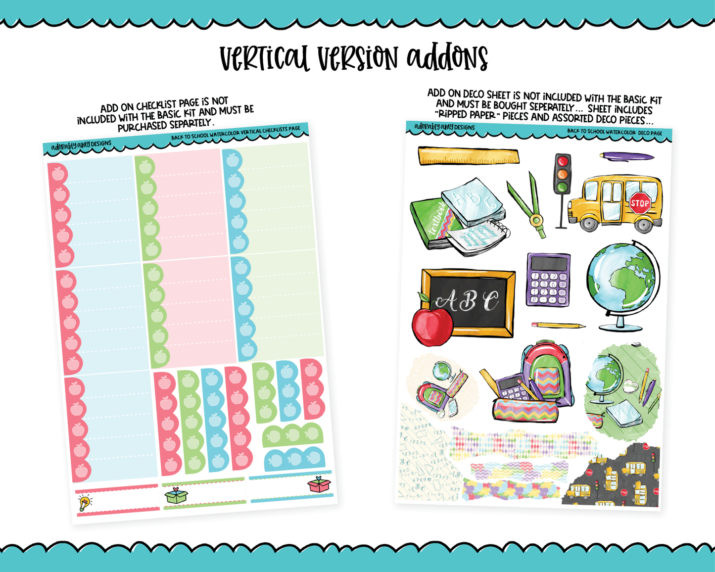 Vertical Back to School Watercolor Planner Sticker Kit for Vertical Standard Size Planners or Inserts