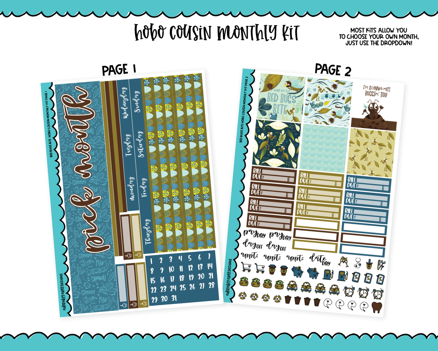Hobonichi Cousin Monthly Pick Your Month Bed Bugs Themed Planner Sticker Kit for Hobo Cousin or Similar Planners