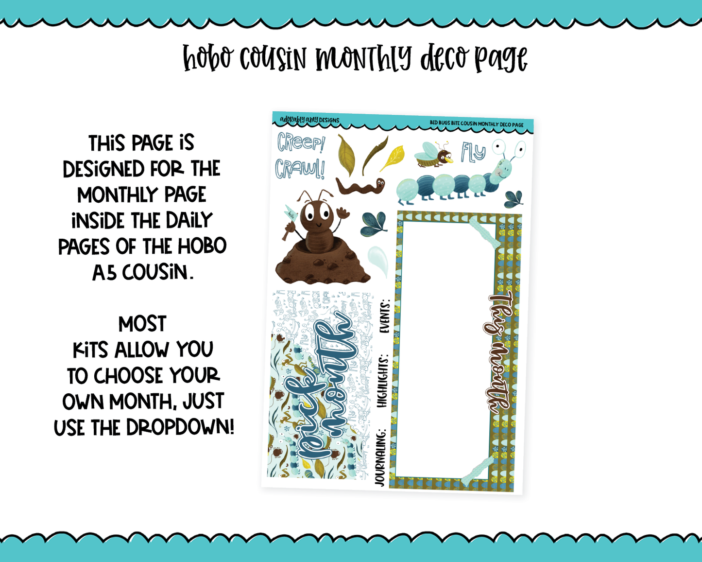 Hobonichi Cousin Monthly Pick Your Month Bed Bugs Themed Planner Sticker Kit for Hobo Cousin or Similar Planners