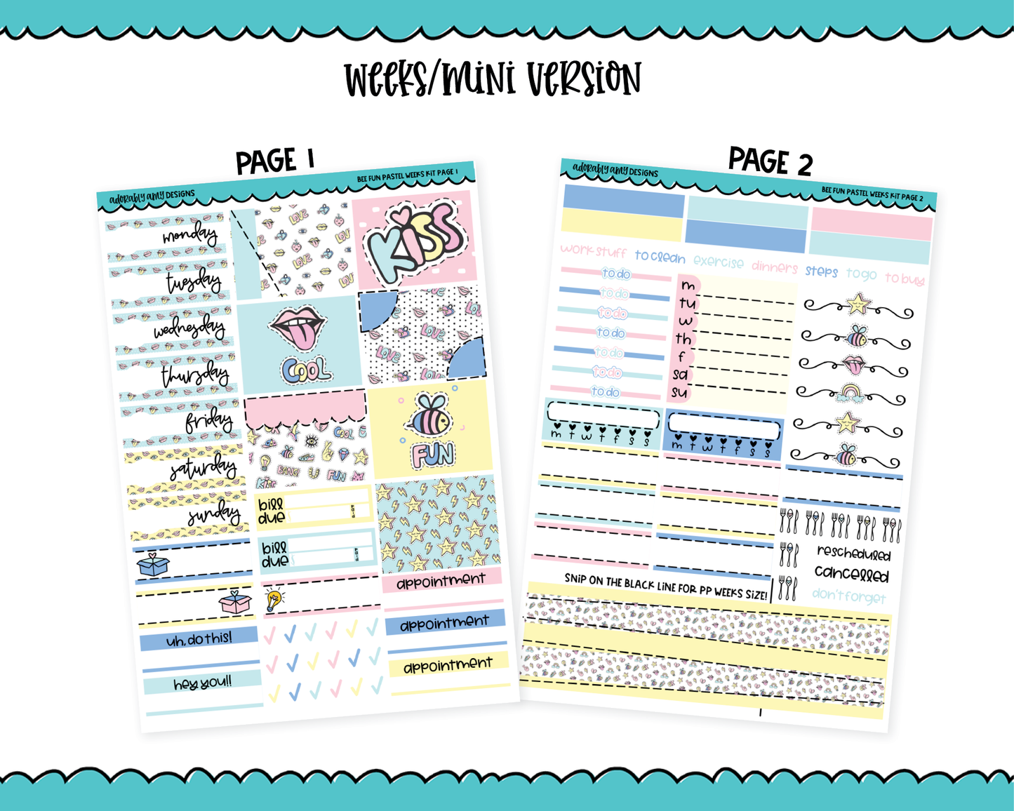 Mini B6/Weeks Bee Fun Pastel Weekly Planner Sticker Kit sized for ANY Vertical Insert