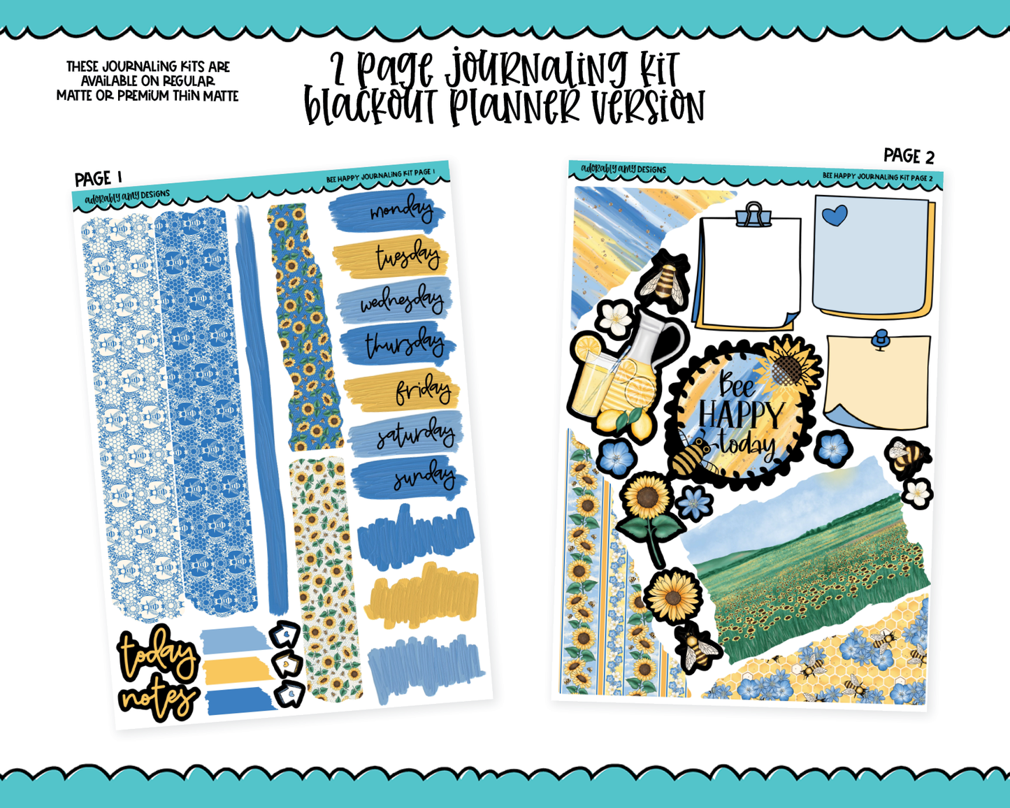 Journaling Kit Bee Happy Themed Planner Sticker Kit in White OR Black for Blackout Planners