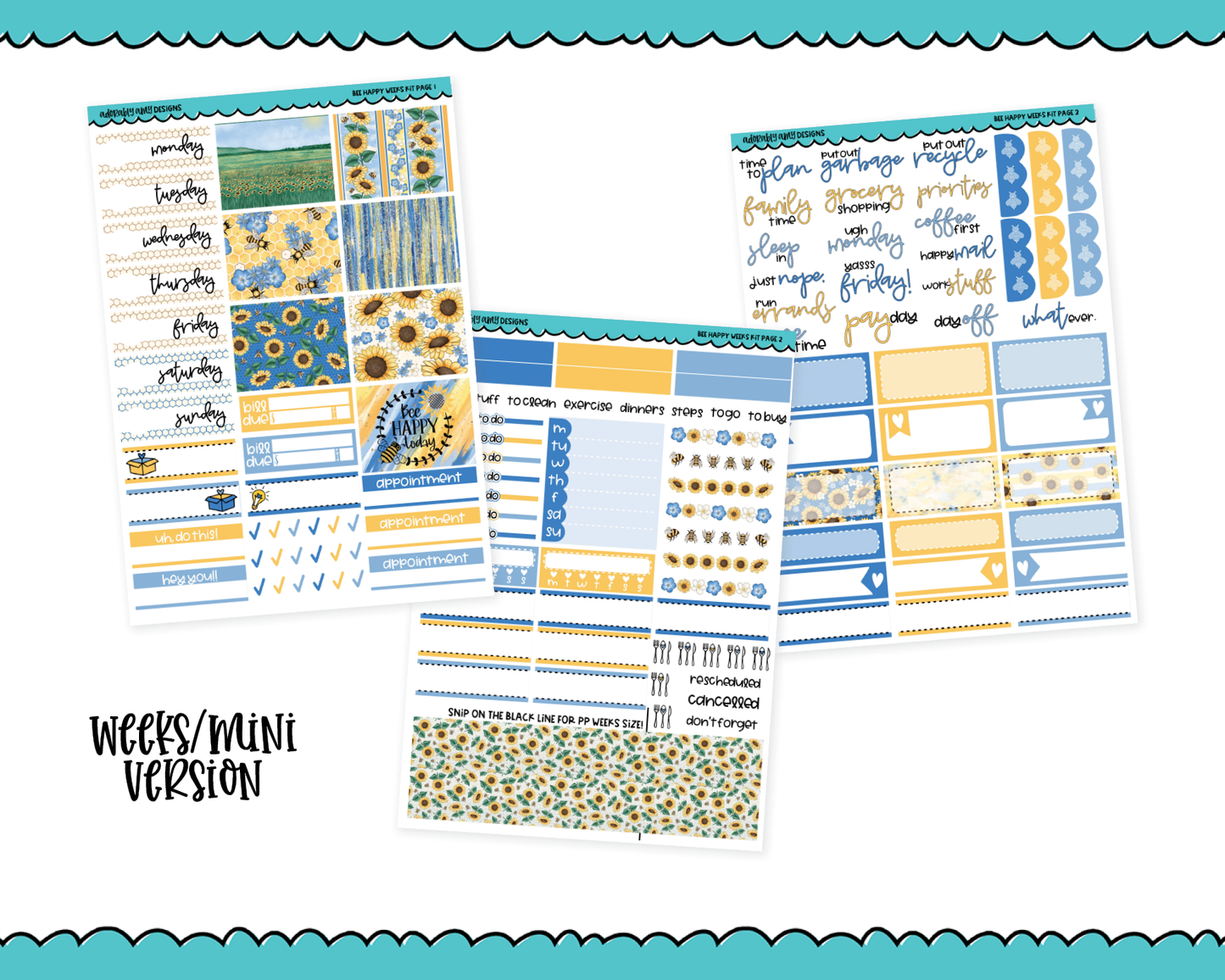 Mini B6/Weeks Bee Happy Themed Weekly Planner Sticker Kit sized for ANY Vertical Insert