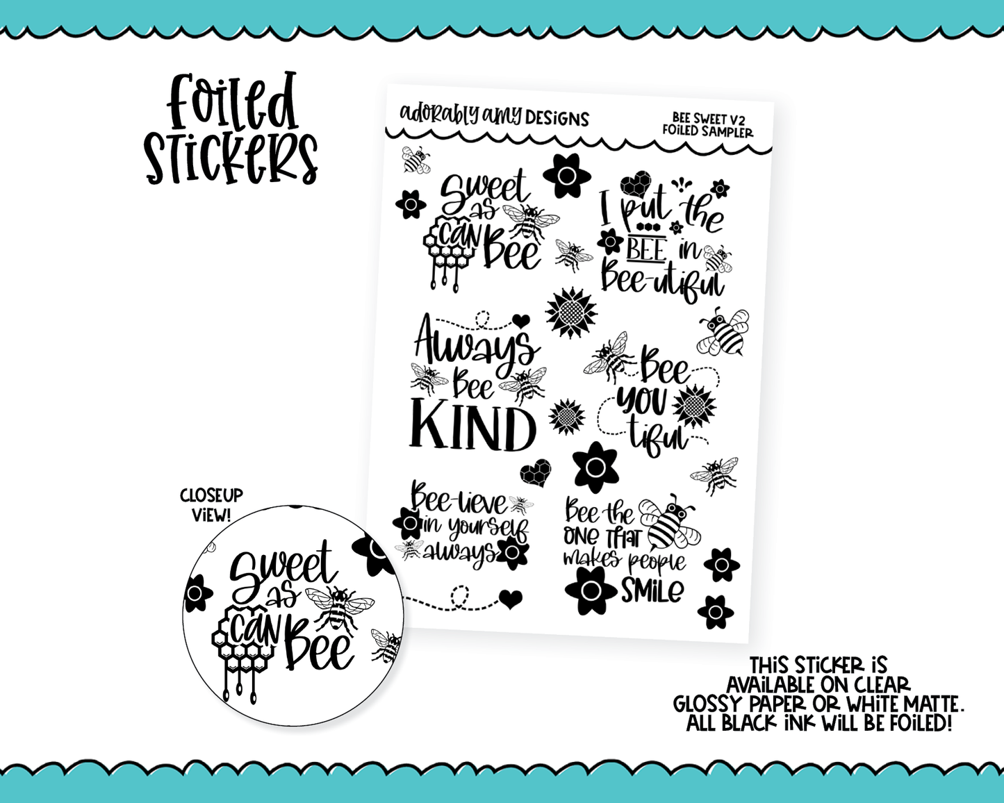 Foiled Bee Sweet V2 Planner Stickers for any Planner or Insert