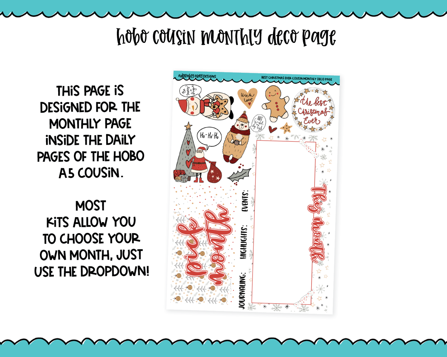 Hobonichi Cousin Monthly Pick Your Month Best Christmas Ever Holiday Themed Planner Sticker Kit for Hobo Cousin or Similar Planners