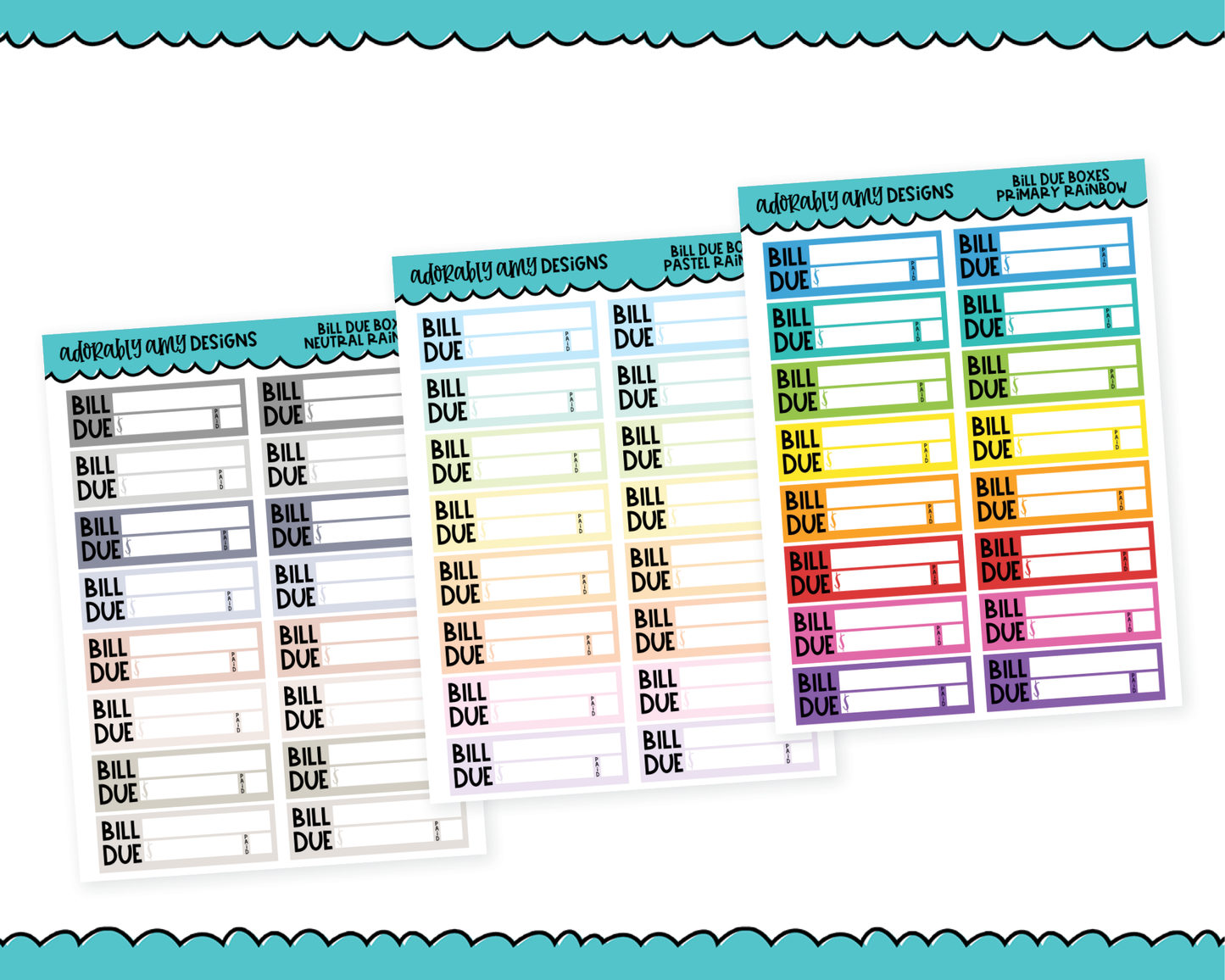 Rainbow Bill Due Reminder Planner Stickers for any Planner or Insert - Adorably Amy Designs