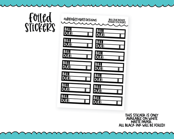 Foiled Bill Due Reminder Tracker Boxes Planner Stickers for any Planner or Insert