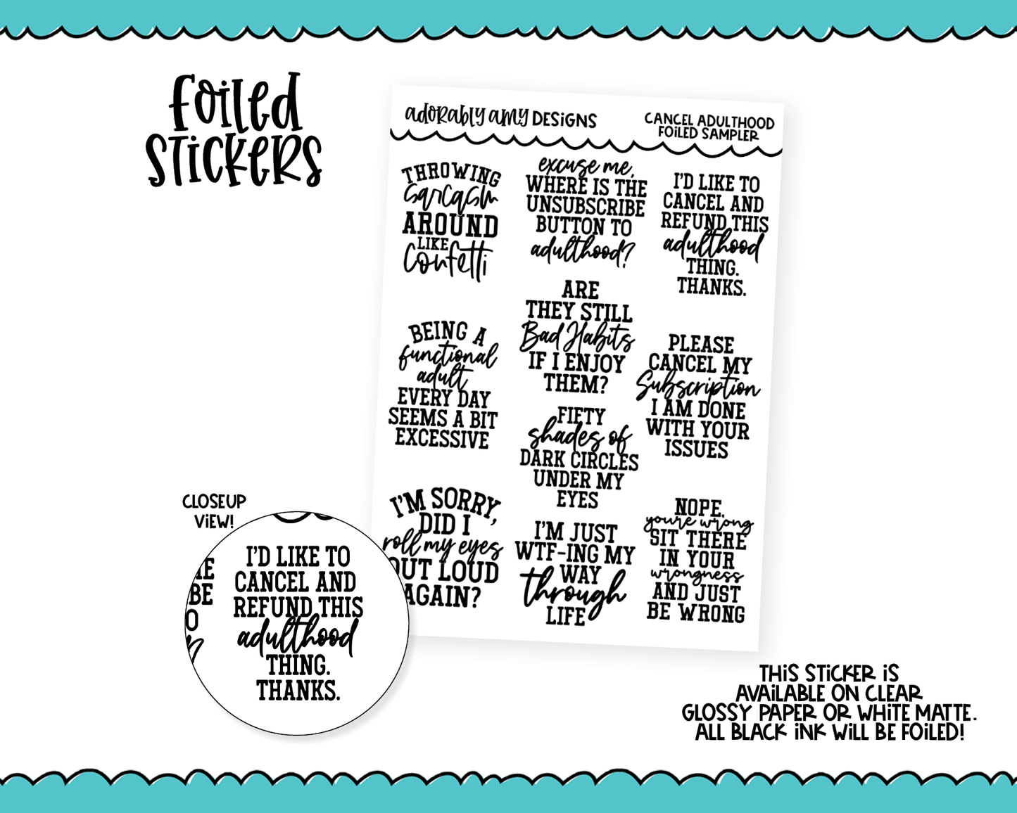 Foiled Cancel Adulthood Planner Stickers for any Planner or Insert