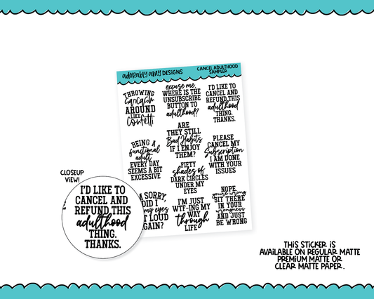 Cancel Adulthood Snarky Sarcastic Funny Quote Sampler Planner Stickers for any Planner or Insert