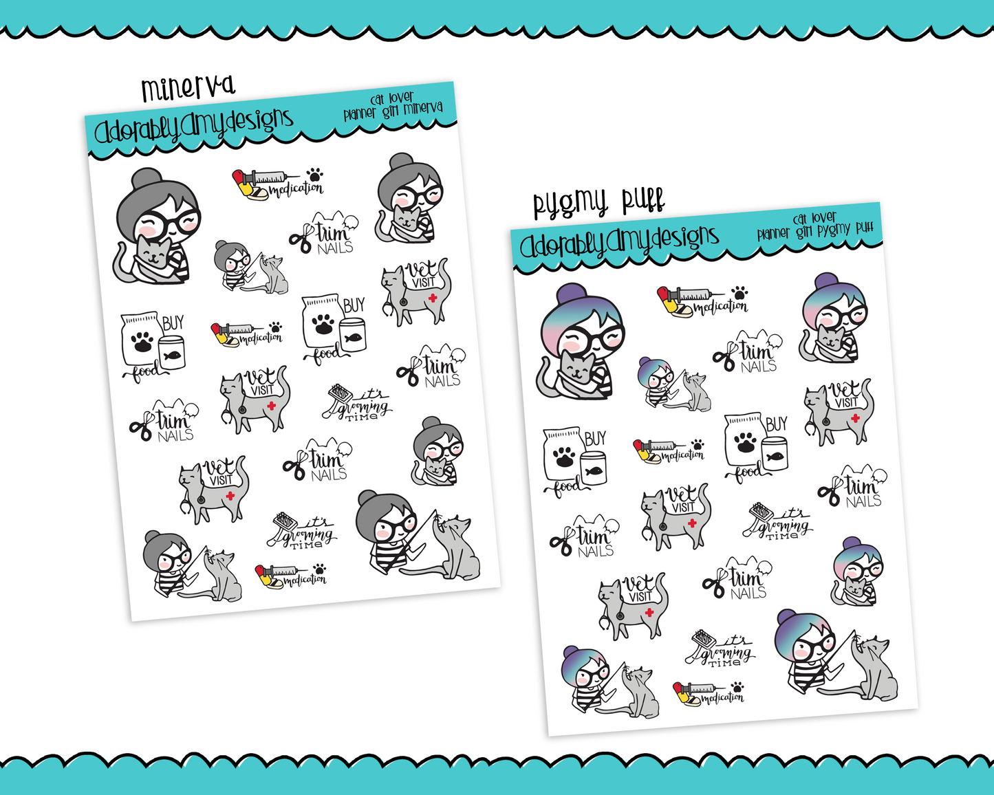 Planner Girls Character Stickers Cat Lover Decoration Planner Stickers for any Planner or Insert - Adorably Amy Designs