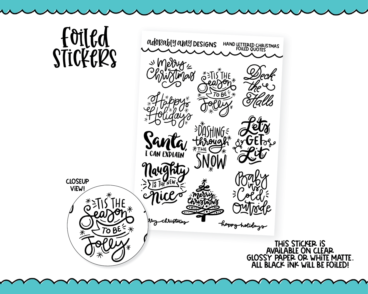 Foiled Hand Lettered Christmas Holiday Typography Sampler Planner Stickers for Erin Condren, Plum Planner, Happy Planner, TN, or Any Size Planners