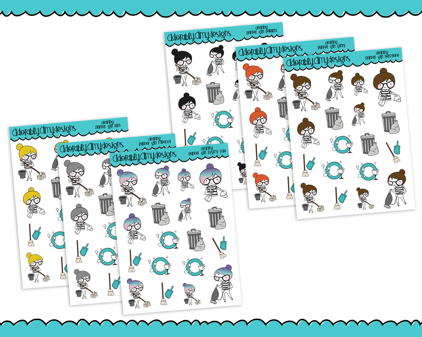 Planner Girls Character Stickers Cleaning Reminder Decoration Planner Stickers for any Planner or Insert - Adorably Amy Designs
