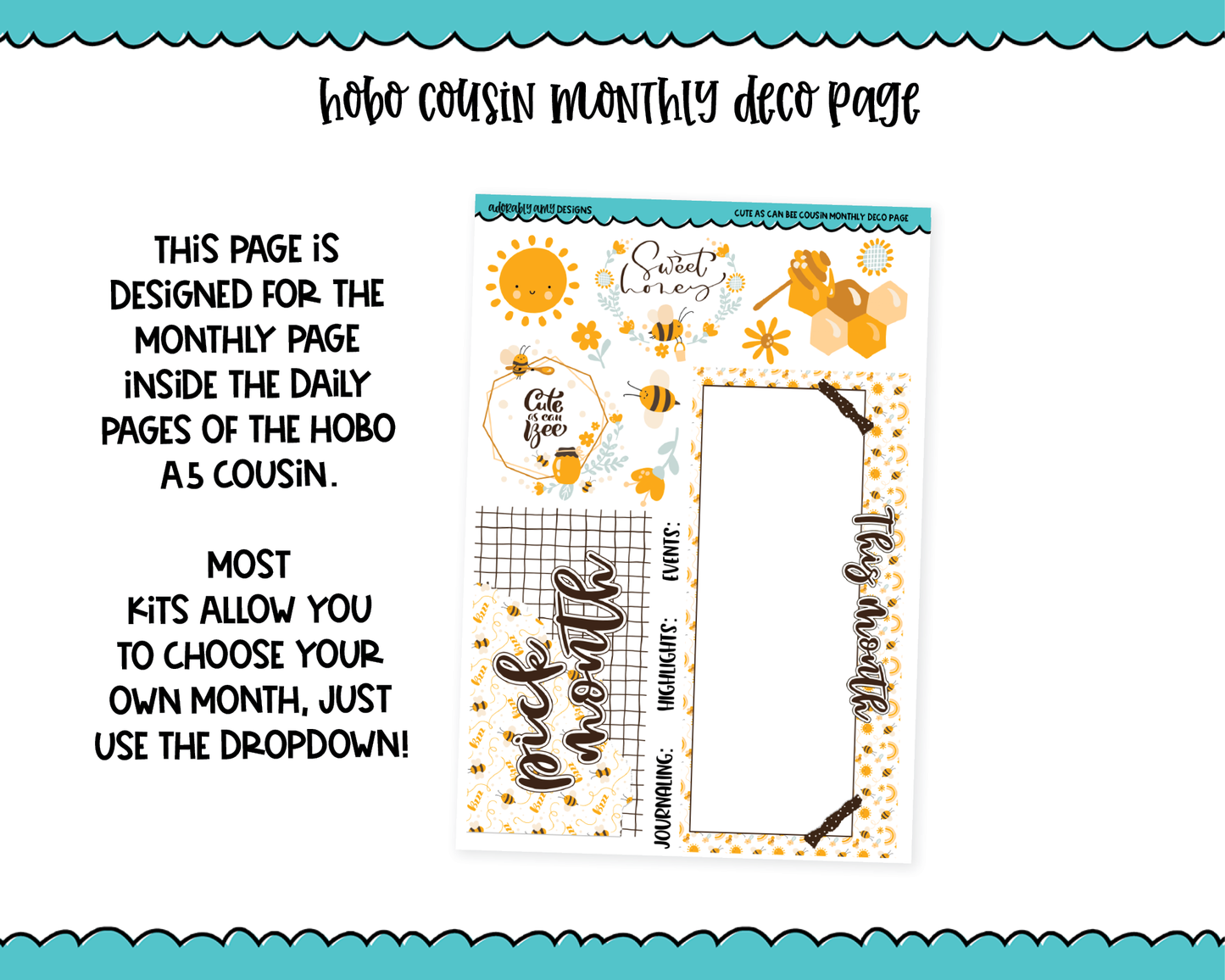 Hobonichi Cousin Monthly Pick Your Month Cute As Can Bee Themed Planner Sticker Kit for Hobo Cousin or Similar Planners