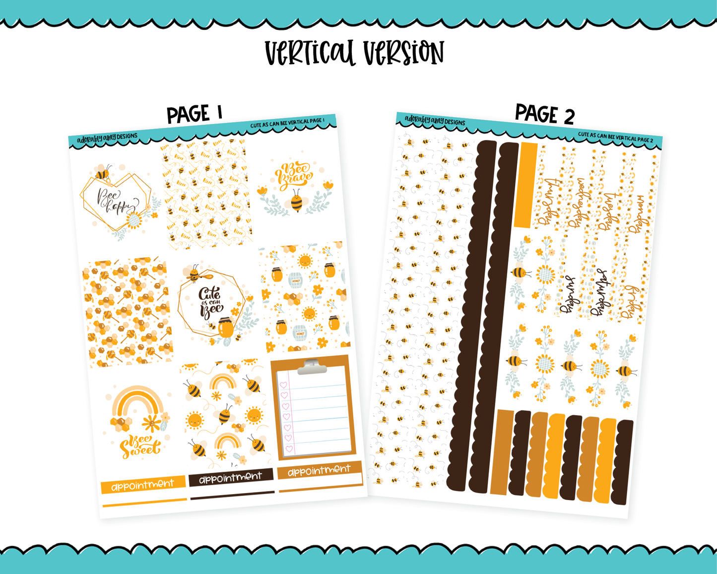 Vertical Cute As Can Bee Planner Sticker Kit for Vertical Standard Size Planners or Inserts