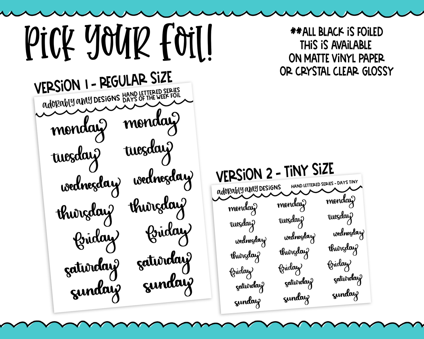 Foiled Hand Lettered Days of the Week Planner Stickers for any Planner or Insert - Adorably Amy Designs