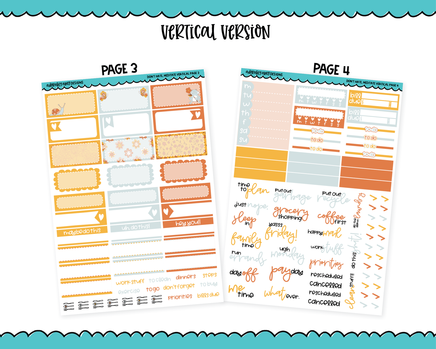 Vertical Don't Hate Meditate Planner Sticker Kit for Vertical Standard Size Planners or Inserts