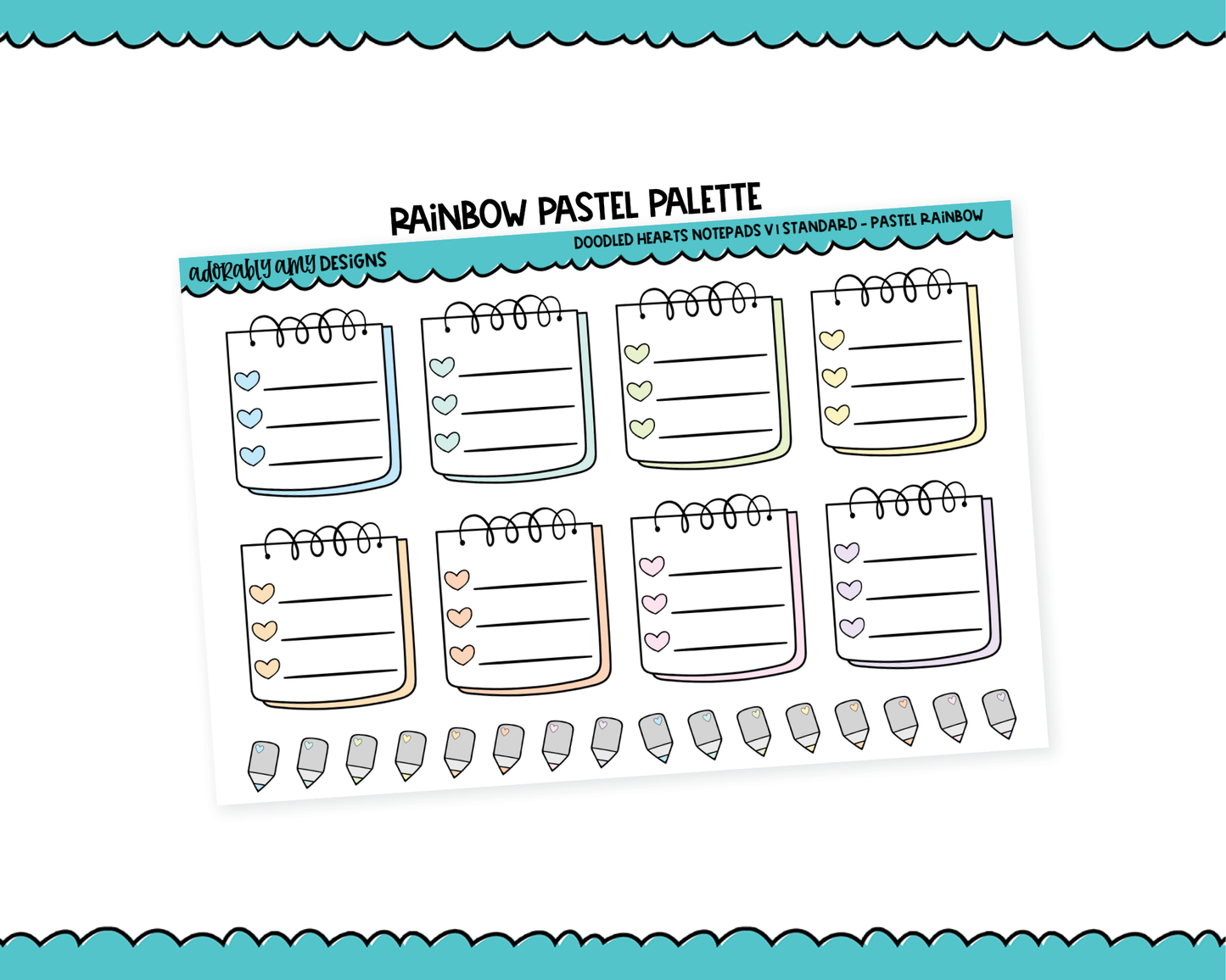 Rainbow Doodled Hearts Notepad V1 List Boxes Standard Size Stickers for any Planner or Insert