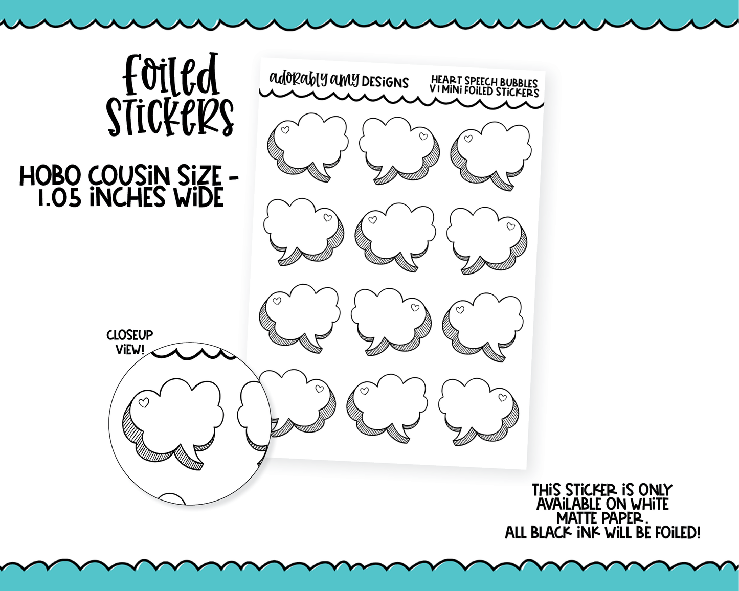 Foiled Hobo Cousin Doodled Heart Speech Bubbles V1 Mini Planner Stickers for Hobo Cousin or any Planner or Insert