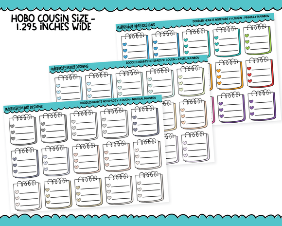 Hobo Cousin Rainbow Doodled Hearts Notepads List Boxes V1 Planner Stickers for Hobo Cousin or any Planner or Insert