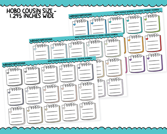 Hobo Cousin Rainbow Doodled Hearts Notepads List Boxes V2 Planner Stickers for Hobo Cousin or any Planner or Insert