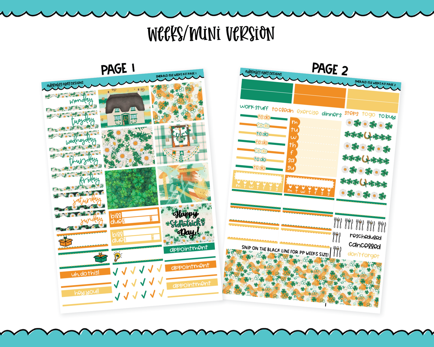 Mini B6/Weeks Emerald Isle St. Patricks Day Holiday Themed Weekly Planner Sticker Kit sized for ANY Vertical Insert