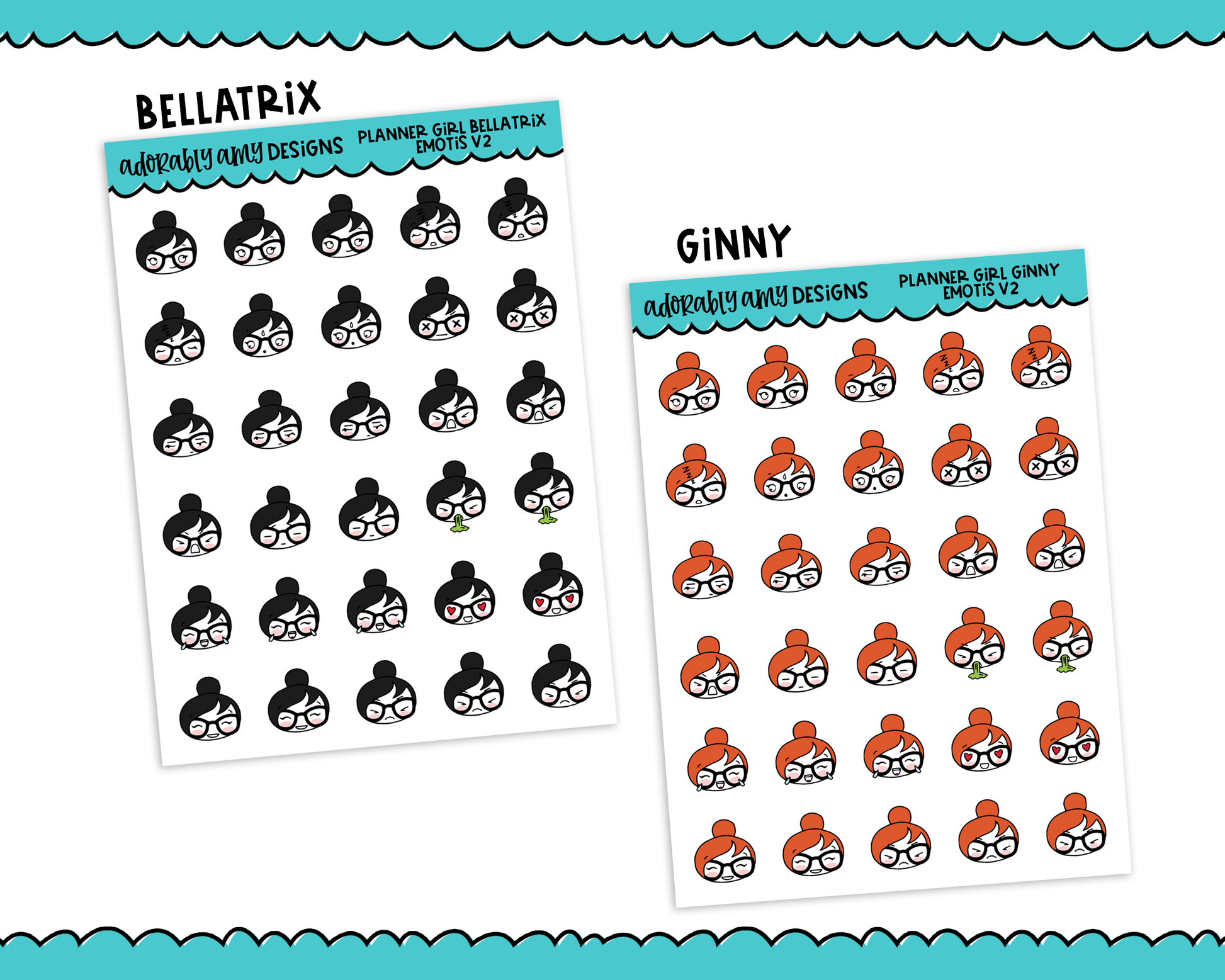 Planner Girls Character Stickers Emotis V2 Planner Stickers for any Planner or Insert - Adorably Amy Designs