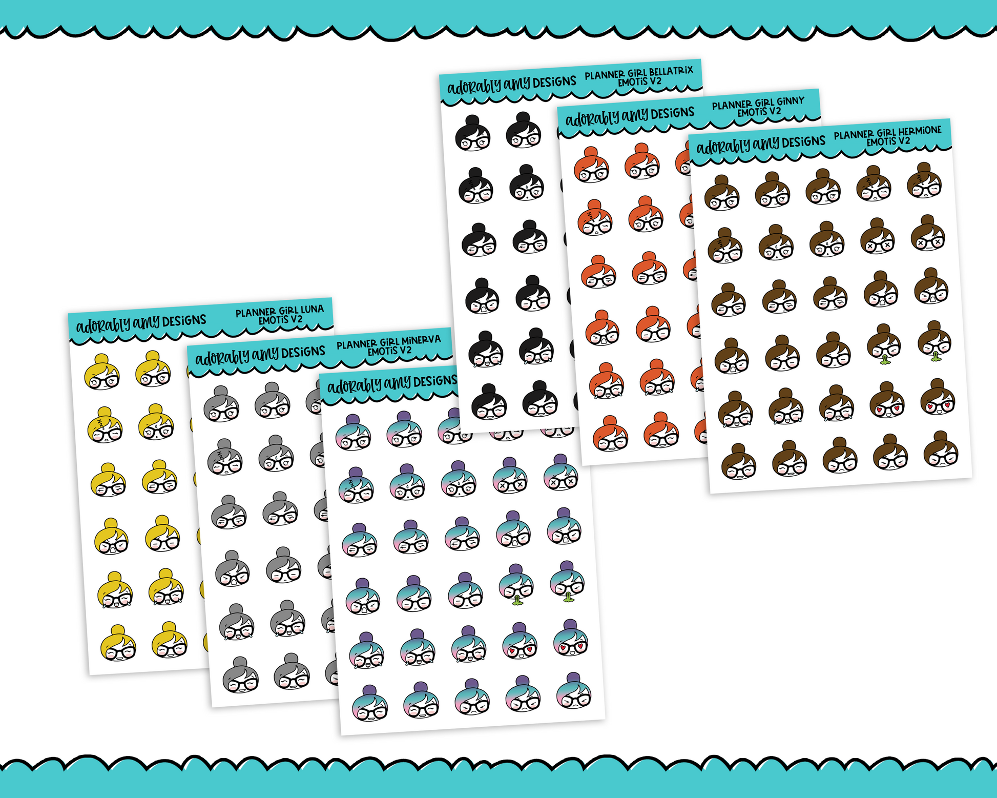 Planner Girls Character Stickers Emotis V2 Planner Stickers for any Planner or Insert - Adorably Amy Designs