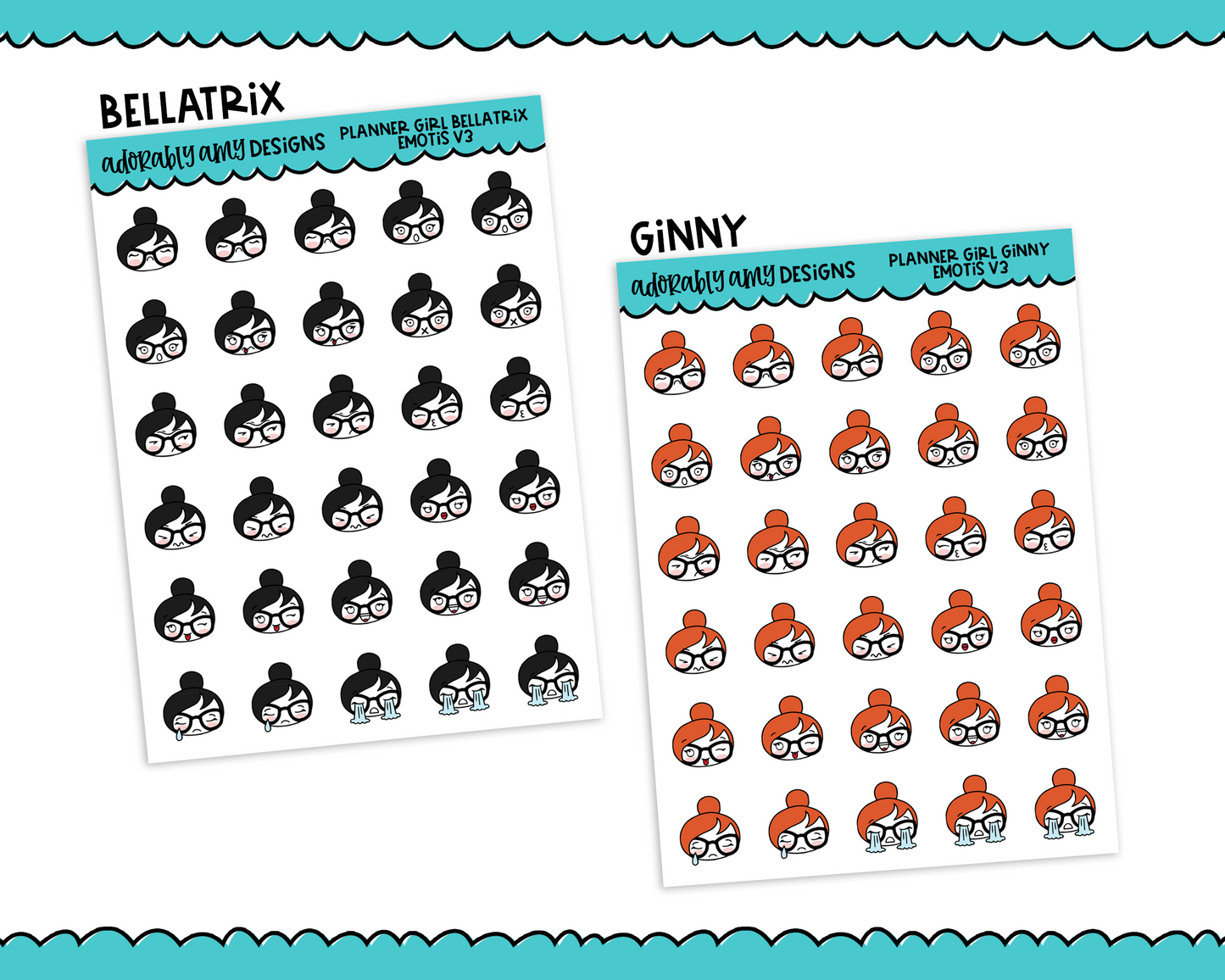 Planner Girls Character Stickers Emotis V3 Decoration Planner Stickers for any Planner or Insert - Adorably Amy Designs