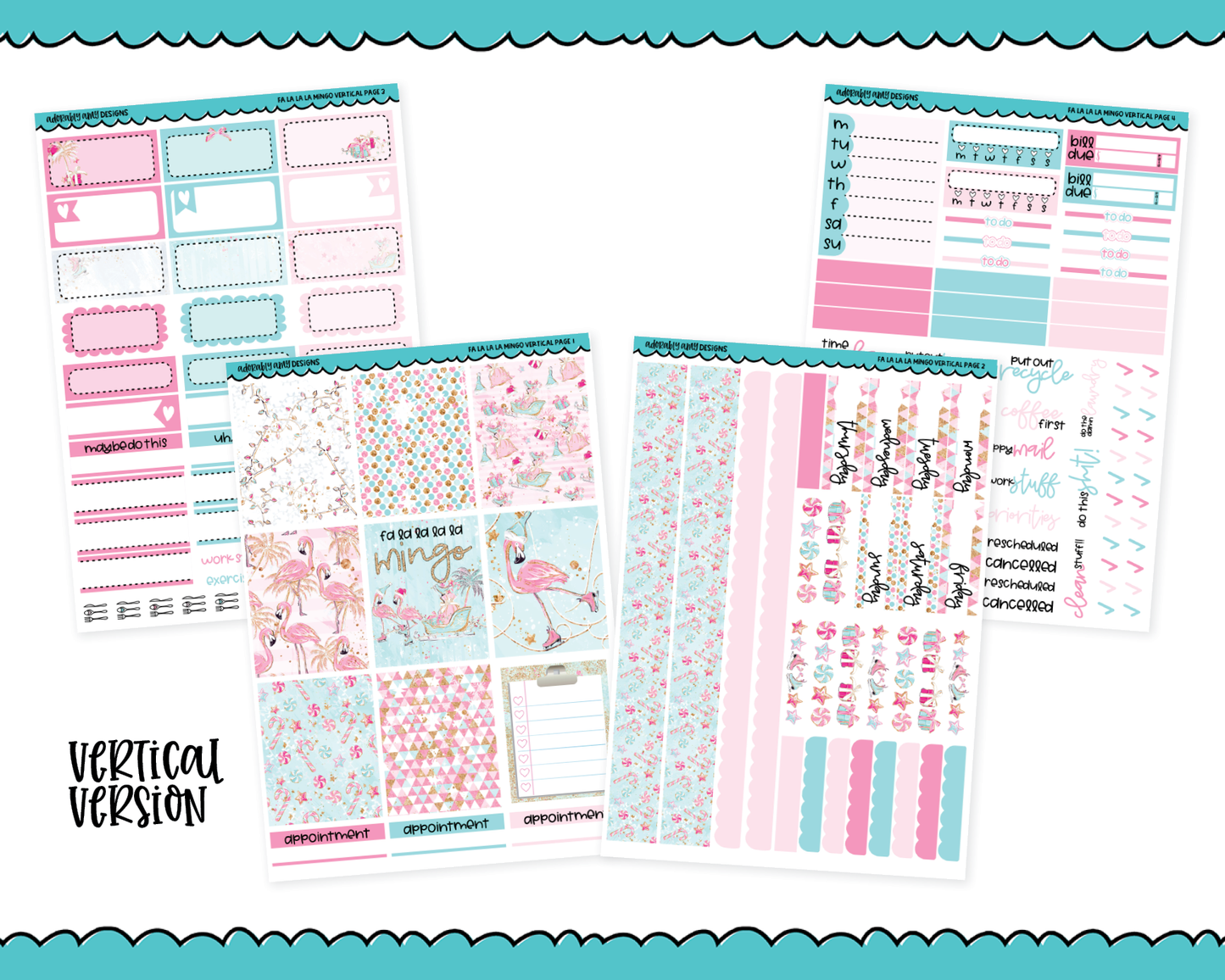 Vertical Fa La La La La Mingo Holiday Themed Planner Sticker Kit for Vertical Standard Size Planners or Inserts