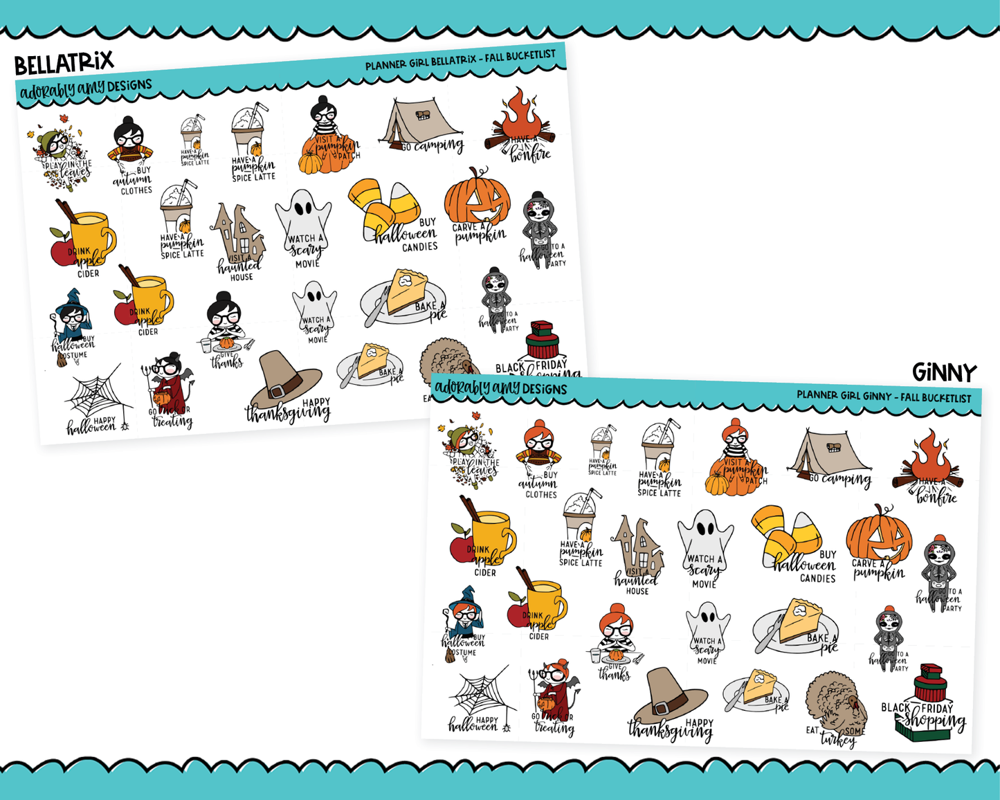 Doodled Planner Girls Character Stickers Fall Bucket List Decoration Planner Stickers for any Planner or Insert
