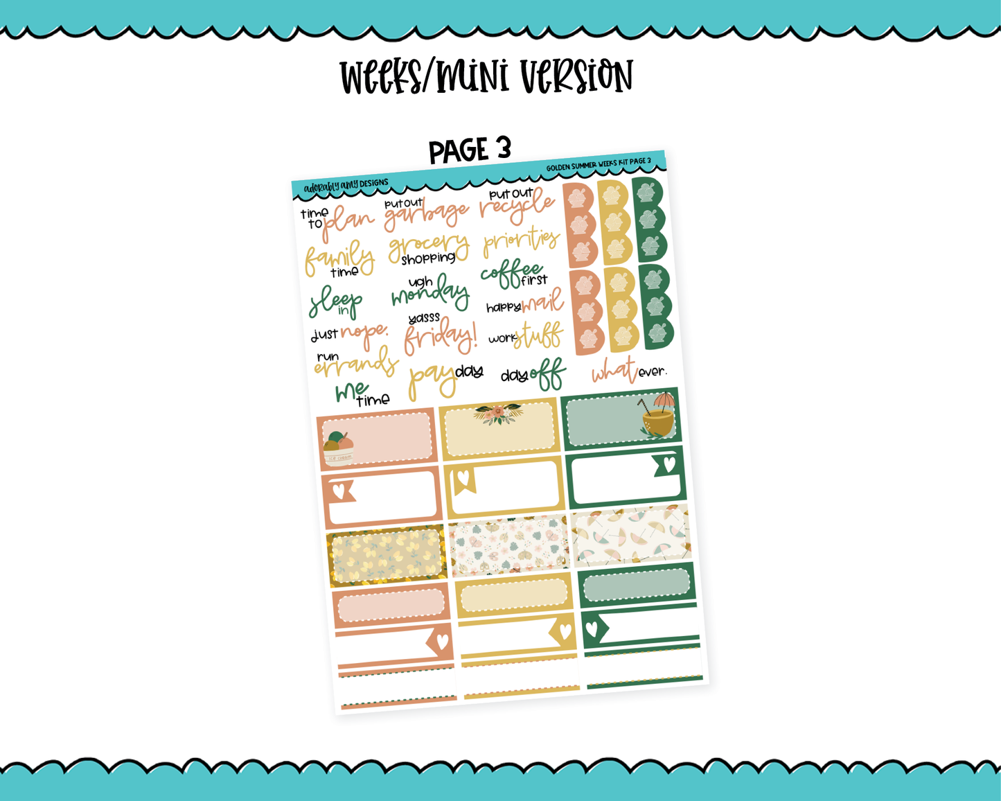 Mini B6/Weeks Golden Summer Weekly Planner Sticker Kit sized for ANY Vertical Insert