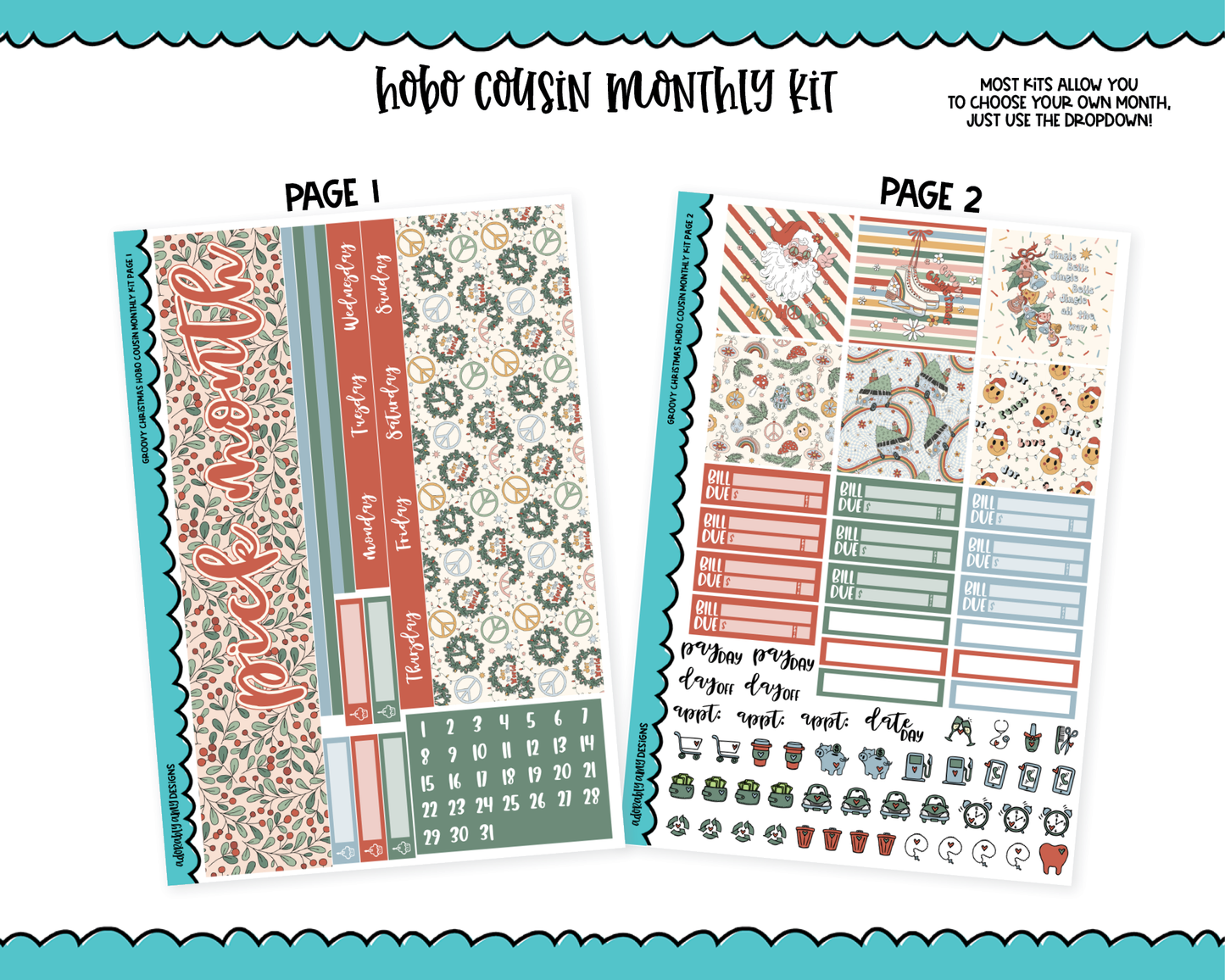 Hobonichi Cousin Monthly Pick Your Month Groovy Christmas Planner Sticker Kit for Hobo Cousin or Similar Planners