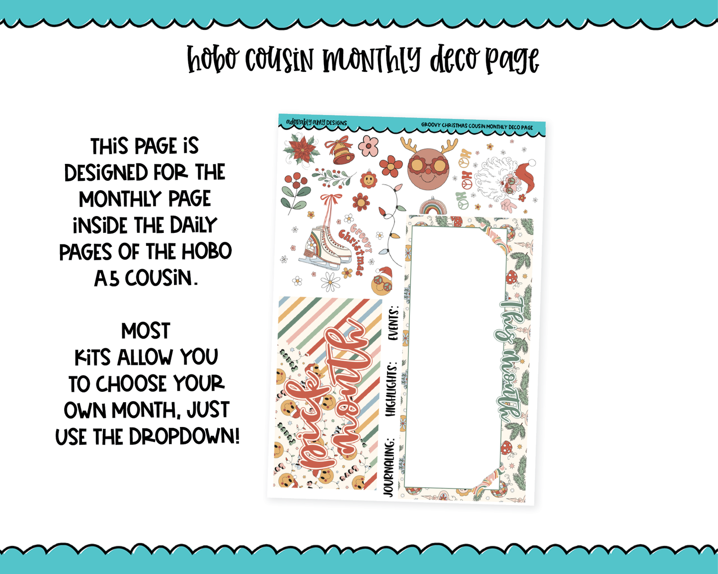 Hobonichi Cousin Monthly Pick Your Month Groovy Christmas Planner Sticker Kit for Hobo Cousin or Similar Planners