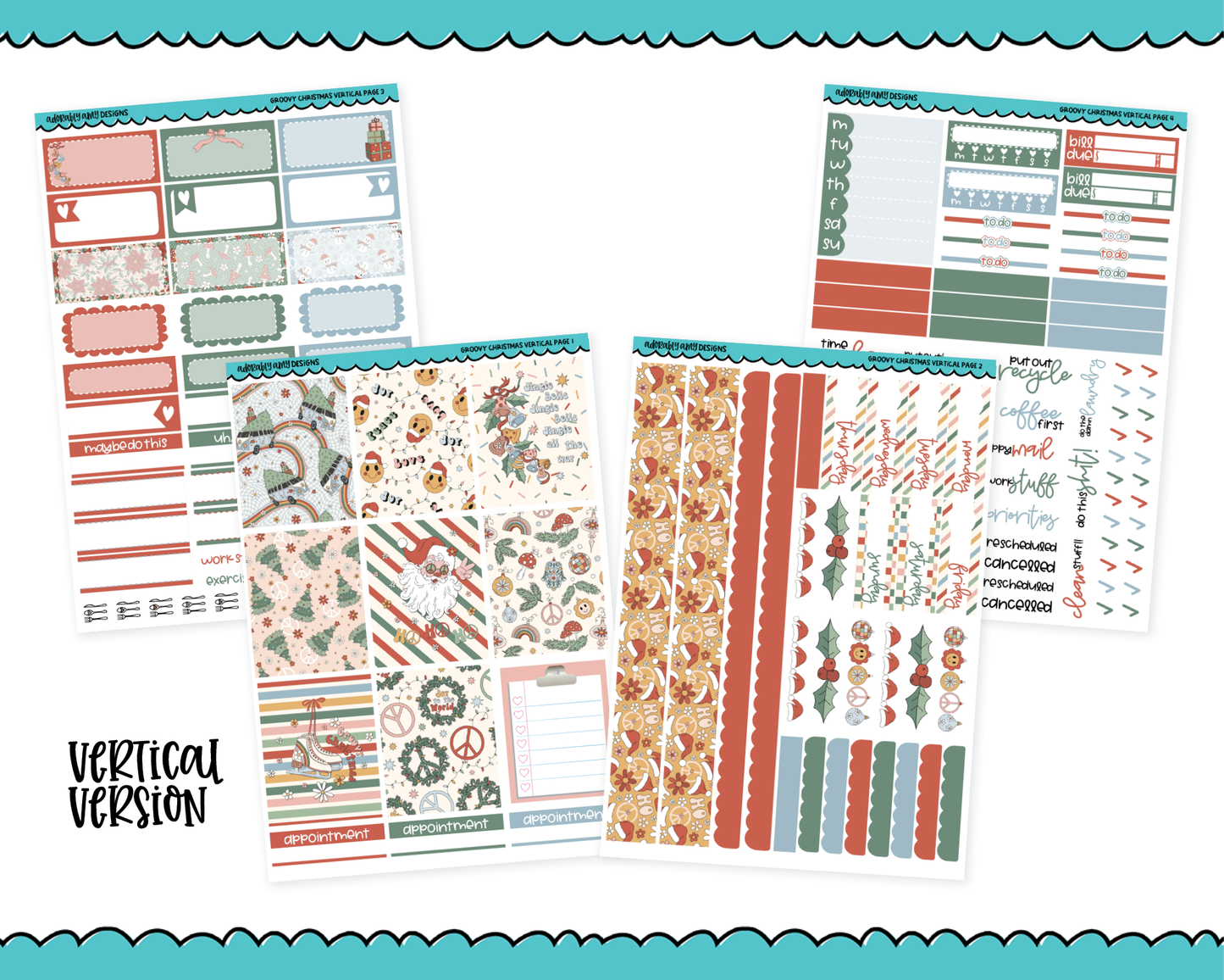 Vertical Groovy Christmas Holidays and Christmas Themed Planner Sticker Kit for Vertical Standard Size Planners or Inserts