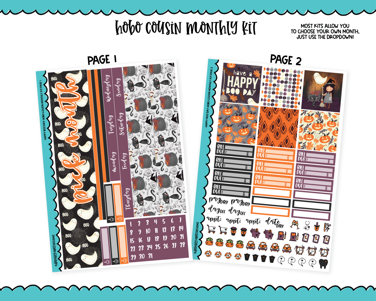 Hobonichi Cousin Monthly Pick Your Month Happy Boo Day Halloween Themed Planner Sticker Kit for Hobo Cousin or Similar Planners