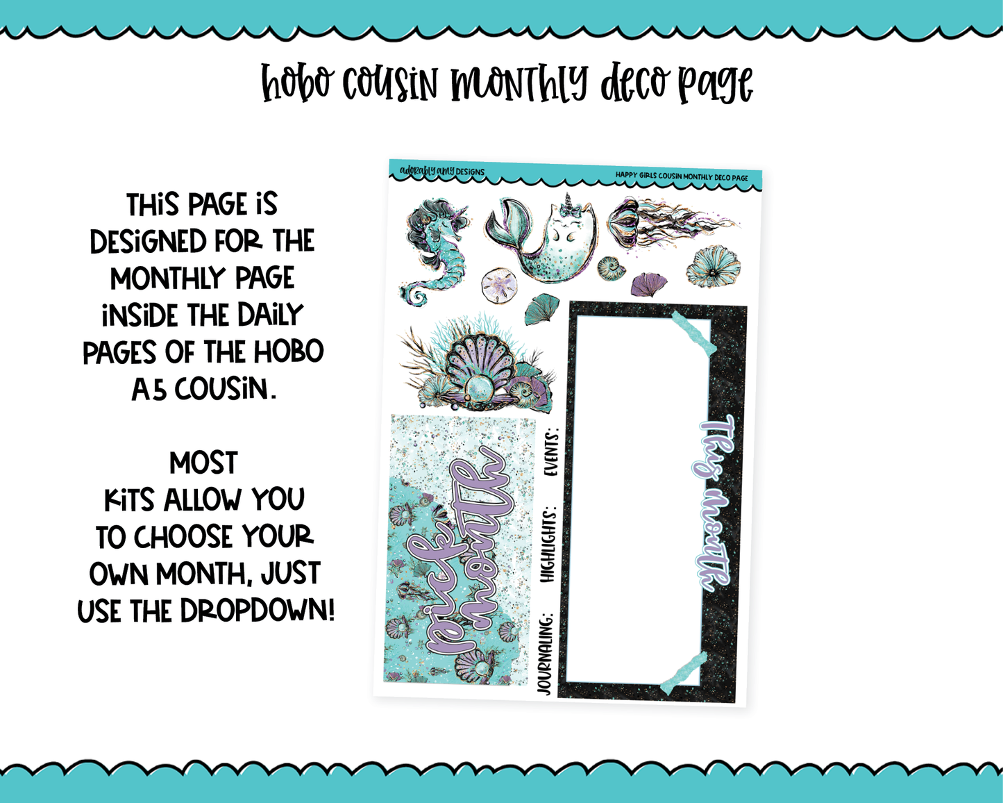Hobonichi Cousin Monthly Pick Your Month Happy Girls Audrey Mermaid Themed Planner Sticker Kit for Hobo Cousin or Similar Planners