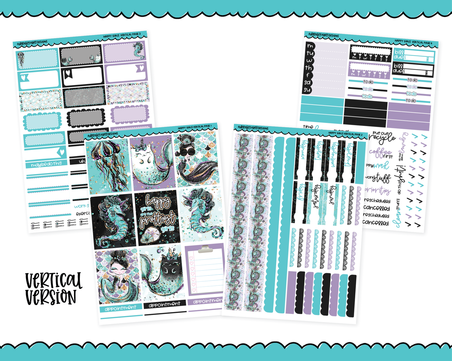 Vertical Happy Girls are the Prettiest Girls Audrey Mermaid Themed Planner Sticker Kit for Vertical Standard Size Planners or Inserts