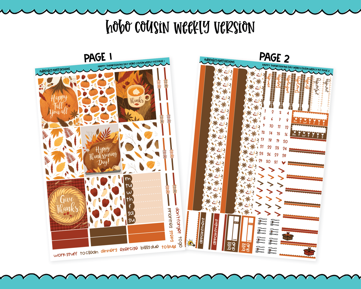 Hobonichi Cousin Weekly Happy Thanksgiving Day Thanksgiving Themed Planner Sticker Kit for Hobo Cousin or Similar Planners
