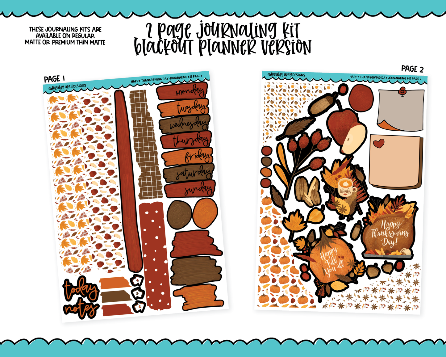 Journaling Kit Happy Thanksgiving Day Planner Sticker Kit in White OR Black for Blackout Planners