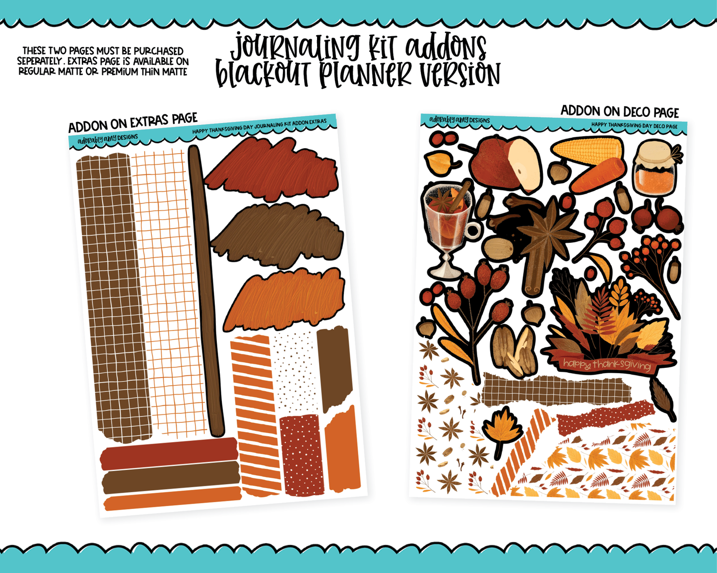 Journaling Kit Happy Thanksgiving Day Planner Sticker Kit in White OR Black for Blackout Planners