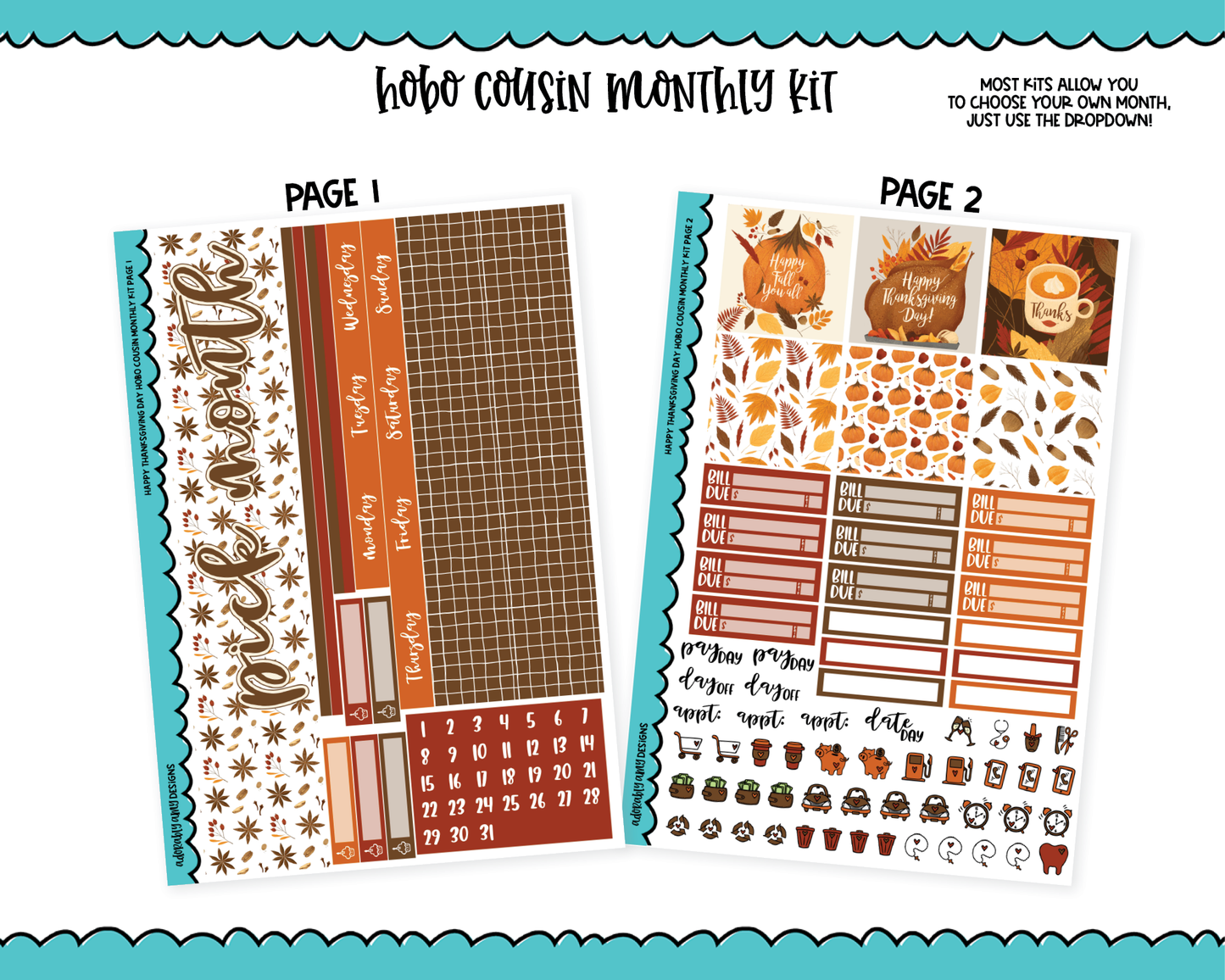 Hobonichi Cousin Monthly Pick Your Month Happy Thanksgiving Day Thanksgiving Themed Planner Sticker Kit for Hobo Cousin or Similar Planners