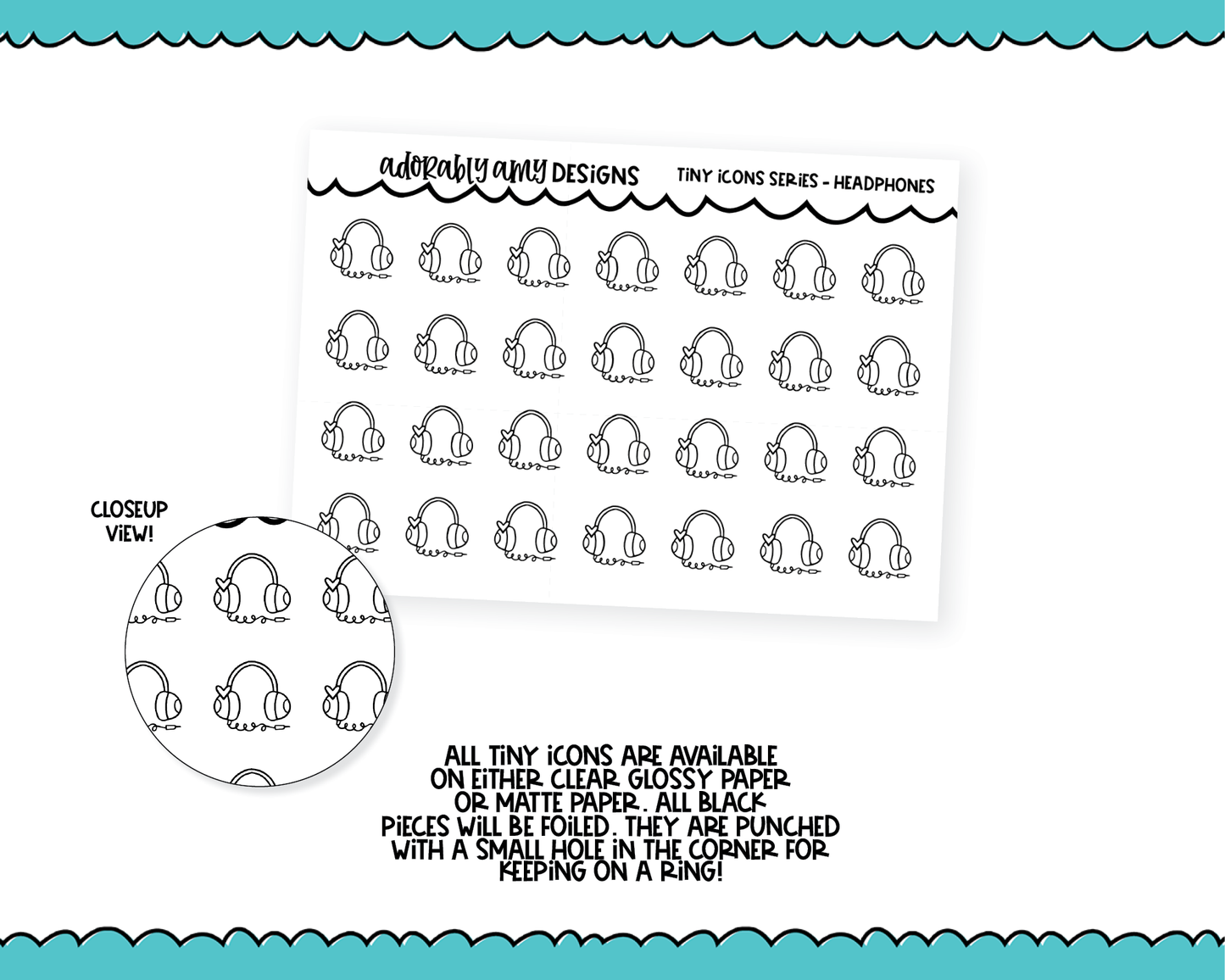 Foiled Tiny Icon Series - Headphones Tiny Size Planner Stickers for any Planner or Insert