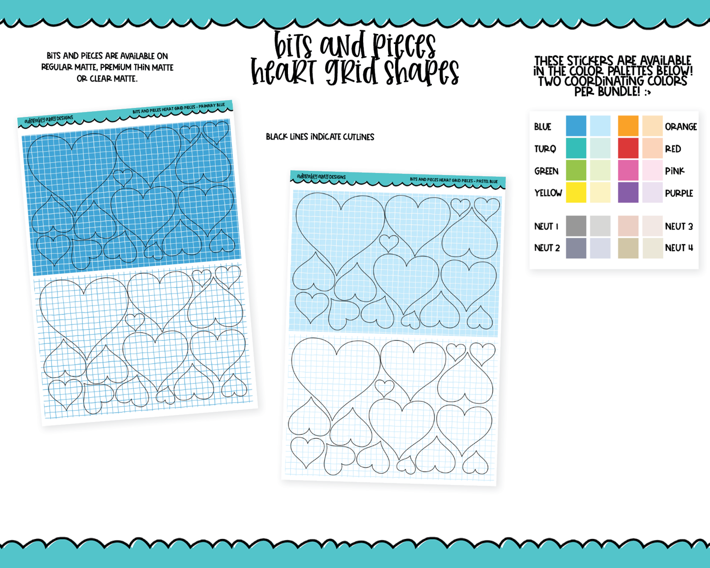 Bits & Pieces Heart Grid Shapes Kit Addons for Any Planner in 13 different Color Schemes