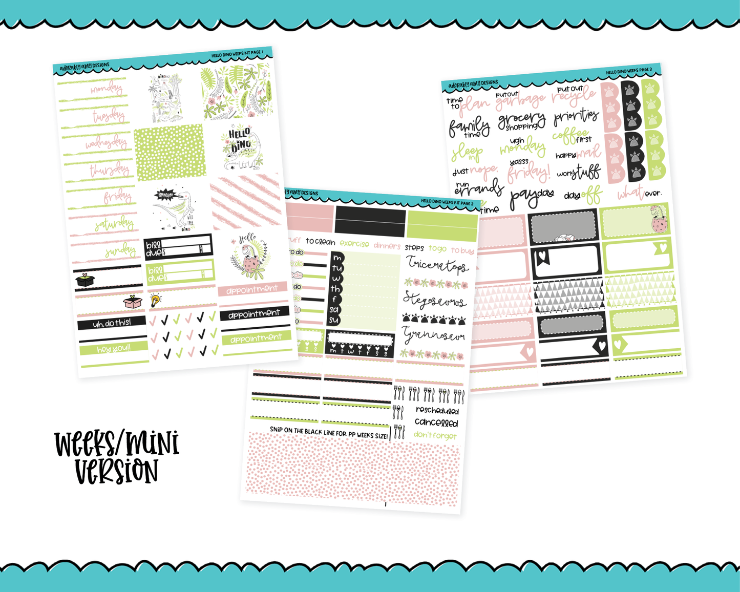 Mini B6/Weeks Hello Dino Pastel Dinosaur Weekly Planner Sticker Kit sized for ANY Vertical Insert