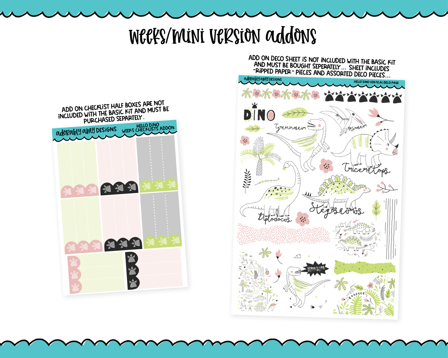 Mini B6/Weeks Hello Dino Pastel Dinosaur Weekly Planner Sticker Kit sized for ANY Vertical Insert