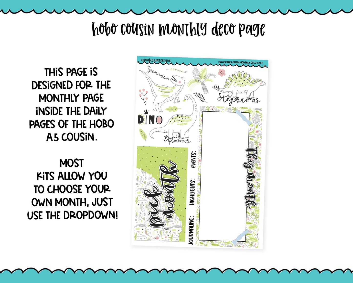 Hobonichi Cousin Monthly Pick Your Month Hello Dino Themed Planner Sticker Kit for Hobo Cousin or Similar Planners