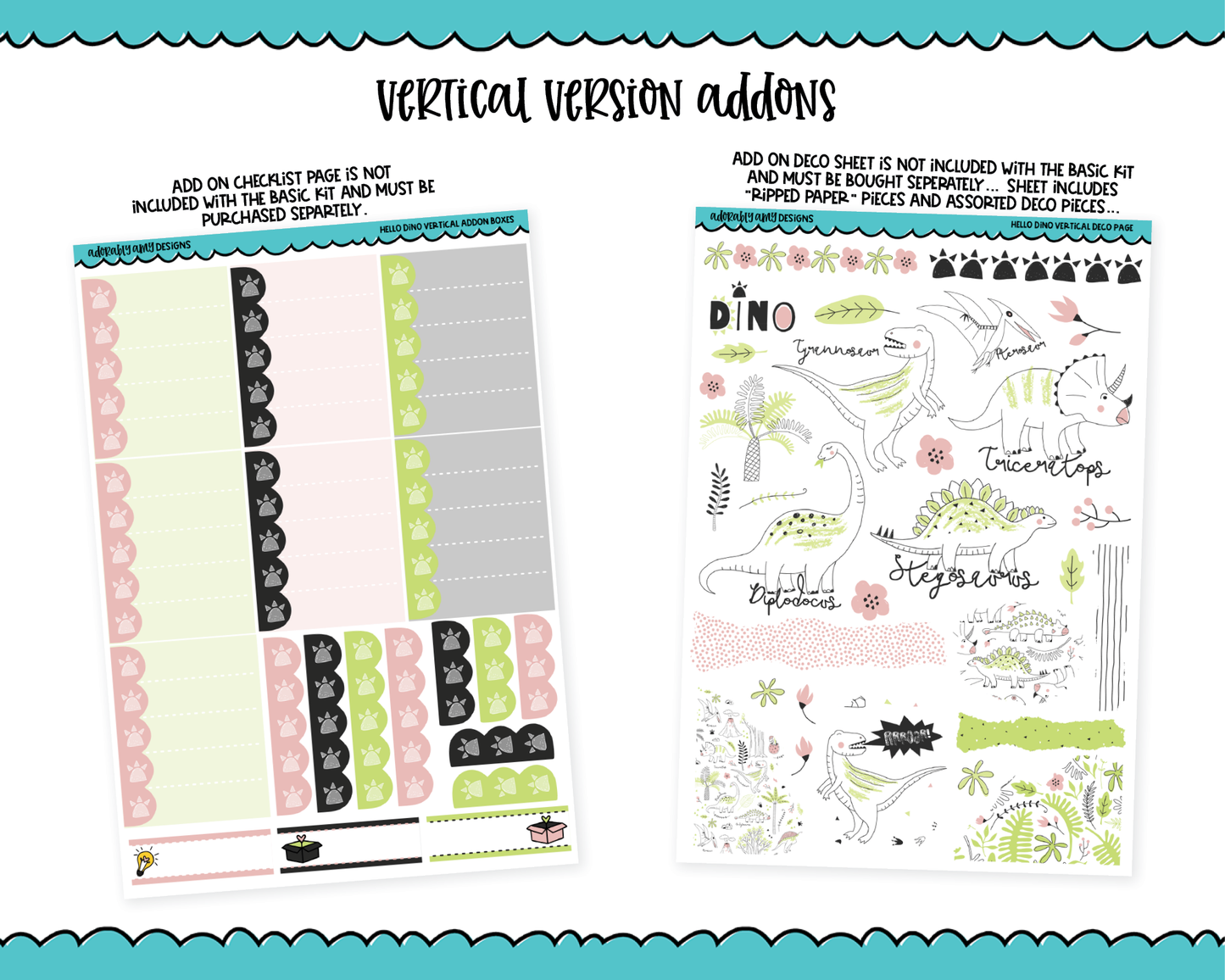 Vertical Hello Dino Pastel Dinosaur Planner Sticker Kit for Vertical Standard Size Planners or Inserts